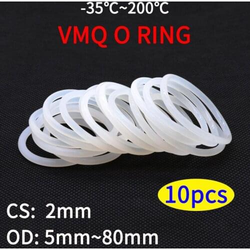 10pcs VMQ O Ring Seal Gasket Thickness CS 2mm OD 5 ~ 80mm Silicone Rubber Insulated Waterproof Washer Round Shape White Nontoxic