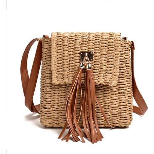 Womens Summer Straw Bag Paper Rope Cross-body bag Tassel Bell Bag Beach Messenger Bag
