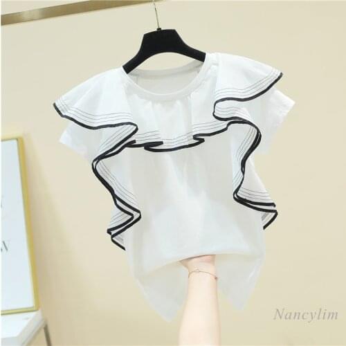 Ruffled Mesh Stitching Loose Short Sleeve T-shirt for Woman 2021 Summer Clothing New Design Fashion Tee Tops Blusas Femme