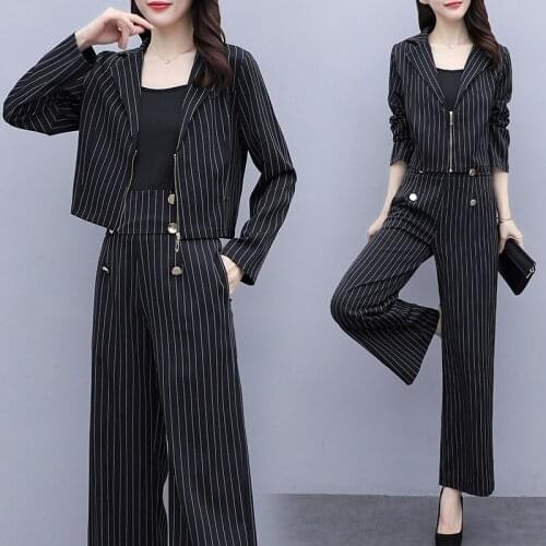 Striped short coat two-piece high waist wide leg pants elegant ensemble femme survetement sets of clothes for women