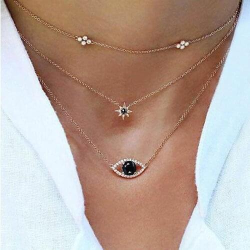 Gold Turkey Evil Eye Thin Necklace & Pendant Woman Star Leaf Collier Triple Horns Crystal Simple Chain Choker Jewelry Gift
