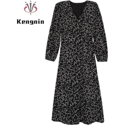 2021 Autumn Winter New Womens Dress French Style Print Femlae Robe Dress Long Sleeve V-Neck Chiffon Lady Vestidos Dress KE1756