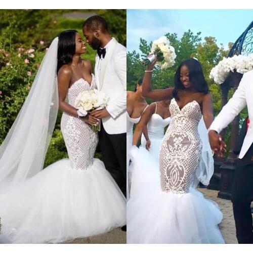 Lace Plus Size African White Wedding Dresses Mermaid Sexy Sweetheart Mermaid Backless Bridal Gowns Vestido De Novia