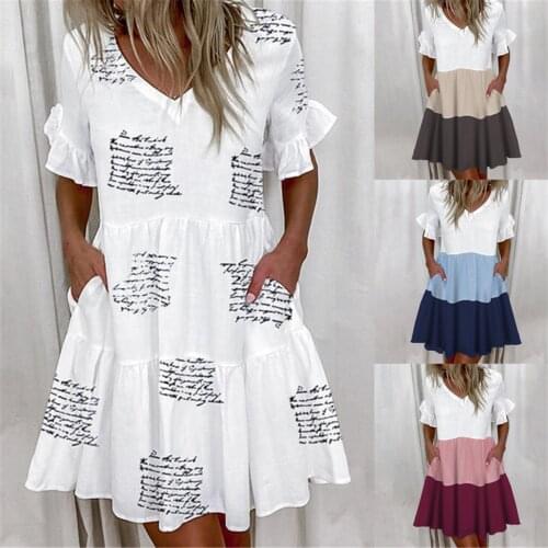 Summer Short Sleeve Casual Ruffles Loose V-Neck Pockets Dress Women Floral Print Woman Dress Plus Size 2021 Fashion White Beach