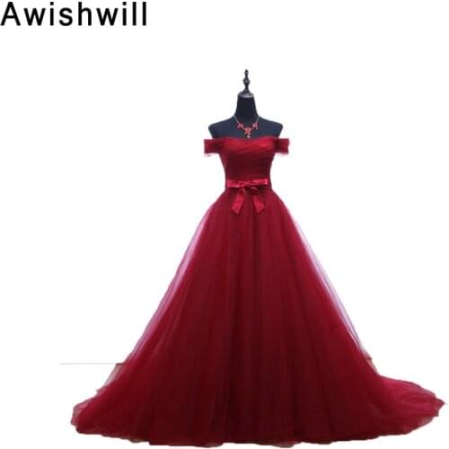 Real Picture Boat Neck Sweep Train Ruched Tulle With Bow Sashes African Formal Dresses Women Evening Gowns Burgundy Dress