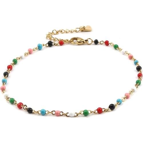 Stainless Steel Link Cable Chain Anklet Gold Color Enamel Women Leg Chain Anklet Barefoot Sandals Jewelry 23cm(9") long, 1 Piece