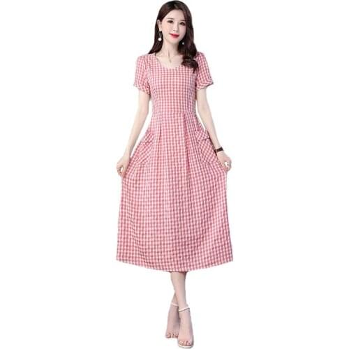 2021 Cotton And Linen Dress Casual Vintage Womens Summer Dress Short Sleeve Thin Plus Size Mother Lady Print Long Dress Fashion