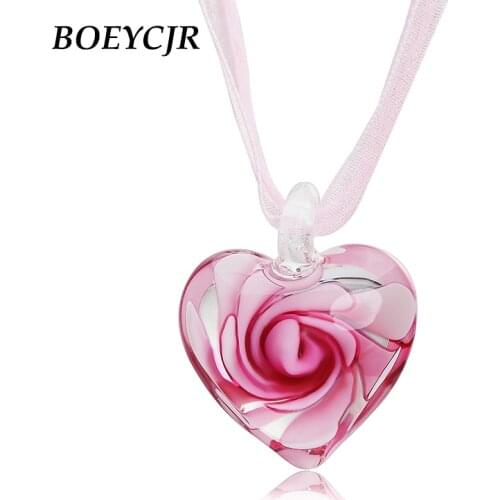 BOEYCJR Novel Glass Heart Necklace Short Chain Handmade Ethnic Pendant Necklace for Women Valentine Gift