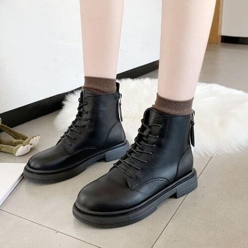 Ankle Boots for Women Shoes Woman 2020 New Autumn Solid Leather Square Heels Platform Shoes Lace Up Zip Winter Boots Plus Size