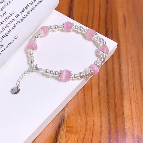 Whole 100% Real 925 Sterling Silver Elegant Beaded Links Bracelets with Opal Lasting Shiny Delicate Glossy Pink Gem Pretty Chain