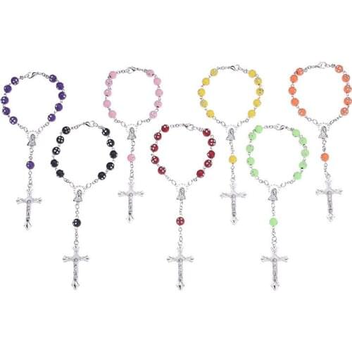 Solid Color Wood Bead Rosary Cross Pendant Necklace Women Alloy Virgin Mary Christian Catholic Religious Jewelry