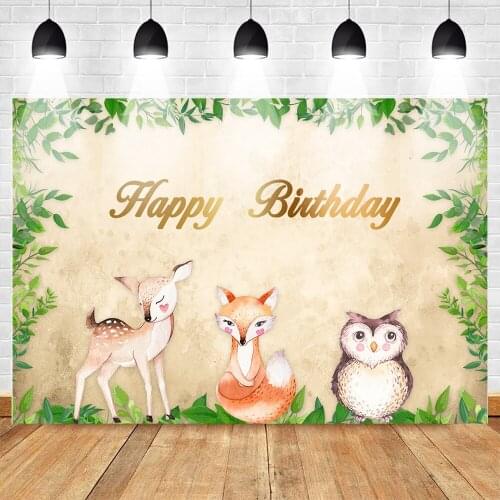 Animal Birthday Theme Photography Backdrops Wild Birthday Forest Sweet Deer Fox Eagle Photo Background Green Leaves