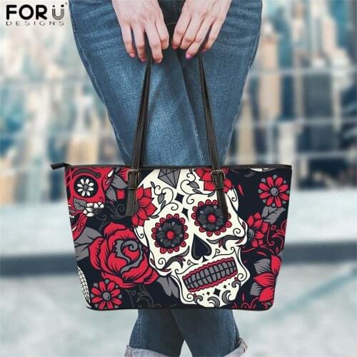 FORUDESIGNS Rose Sugar Skull Print Women Large PU Leather Handbags Luxury Shoulder Female Tote Beach Gothic Ladies Bags Mujer