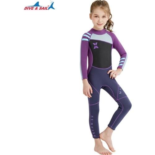 DIVE & SAIL Girls Wetsuit Full Body Swimsuit 2.5mm Neoprene UV Protective Swimwear for Diving Surfing Snorkeling 3-10Y Purple
