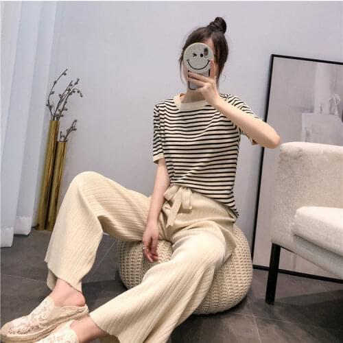 Suit Womens 2021 New Western Style Internet Popular Summer Fashionable Knitted Wide Leg Pants Korean Style Short Sleeve Casual