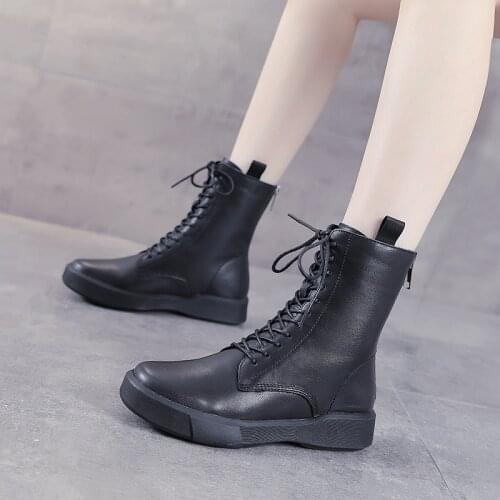 Leather Short Boots Autumn and Winter High-top Womens First Layer Cowhide Martin Boots Single Boots Plus Velvet Cotton Boots