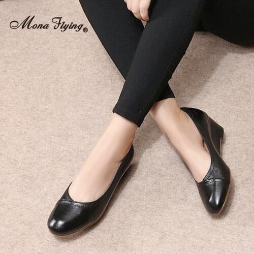 Mona Flying Women‘s Genuine Leather Wedge Pumps Handmade Round-Toe High Heel Dress Fashion OL Party Shoes for Ladies 078-A05