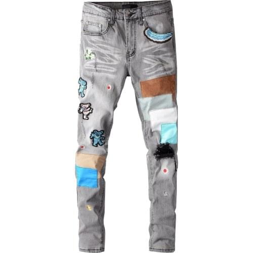 MORUANCLE Mens Brand Designer Ripped Jeans Pants With Patches Fashion Hi Street Patched Denim Trousers For Man Patchwork Jeans