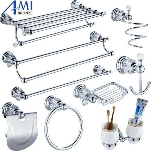 612C Series Chrome Polish Brass & Crystal Wall Mounted Bathroom Handware Towel Rack Hook Paper Holder Soap Dish