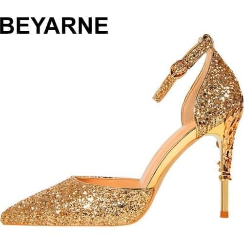 BEYARNENew Arrival Mary Jane Shoes Glitter Heels Bigtree Shoes Women Pumps Stiletto Wedding Shoes Bride Red Heels Tacones Mujer