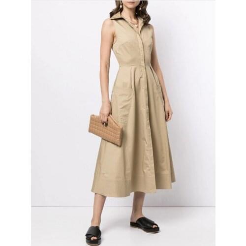 2021 Summer New Sleeveless Shirt Dress POLO Collar Single Breasted Big Pocket Slim Long Dresses Women Quality Beige Black Dress