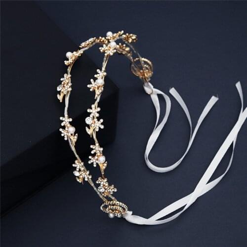 OKILY Fashion Crystal Baroque Bride Headband Hair Bands for Womens Jewelry Pearl Headpiece with Ribbon Wedding Banquet Jewelry