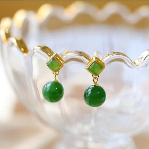 S925 Sterling Silver round Beads Stud Earrings Natural Hetian Jade Eardrops Long Jasper Spinach Green Earrings Ear Studs Accesso