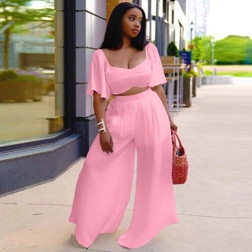 XL-5XL Plus Size Women Two Piece Pant Suit Square Collar Ruffle Sleeve Crop Top and Wide Leg Trouser Loungewear Oversize Outfit