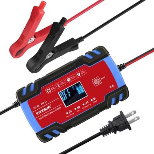 FOXSUR Car Motorcycle Battery Charger 12V 8A 24V 4A Smart Fast Charging AGM GEL WET EFB Lead Acid Battery Charger