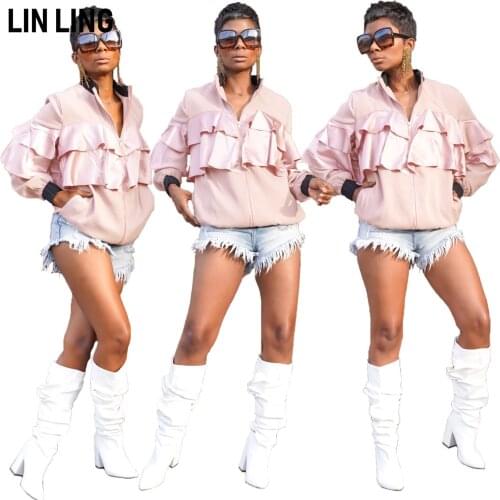 Fashionable Temperament Early Spring Zipper Stand Collar Ruffle Pocket Stitching Versatile Slim Fit Jacket