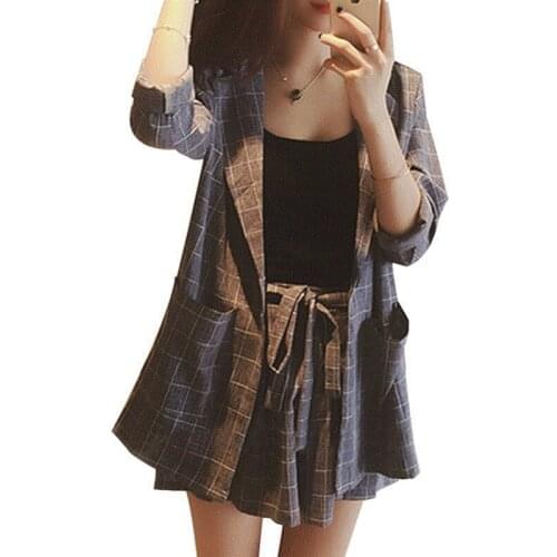 2018 New Casual Plaid Blazer Womens Sets Single Button Slim Thin Blazer Coats Elastic Waist Drawstring Shorts Office Lady Mw373