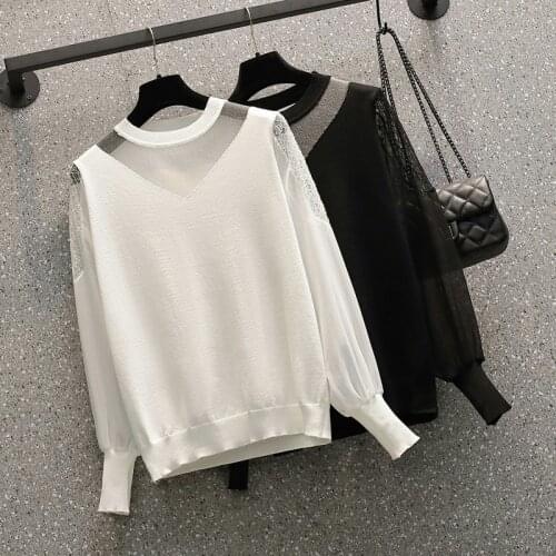 Mesh Stitch Knitted Black White Plus Large Size Oversize Korean Style Fashion Pullovers For WomenS Ladies 2021 Clothes Sweaters