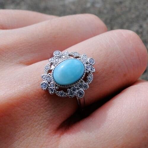 Engagement Wedding Silver Ring Natural Larimar Flower Ring 925 Sterling Silver Jewelry For Women Gift