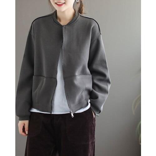 Literary style basic baseball collar solid color short coat womens loose slimming zipper autumn top 0916-13