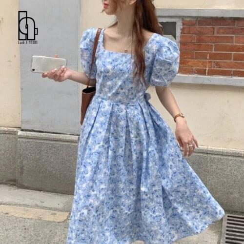 Puff Sleeve French Vintage Floral Dresses Women Casual Bandage Design Korean Fashion Elegant Midi Dresses Females 2021 Summer