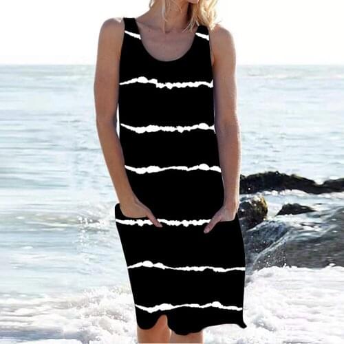 Fashion O-neck Sleeveless Beach Tank Midi Woman Dress 2021 Summer Loose Casual Striped Ladies Dresses For Women plus size 5XL