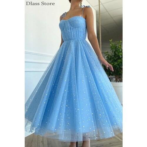 2020 New Blue Homecoming Dress Spaghetti Strap Sweetheart Neck Ankle Length Backless Sequin Evening Dress les caftans marocains