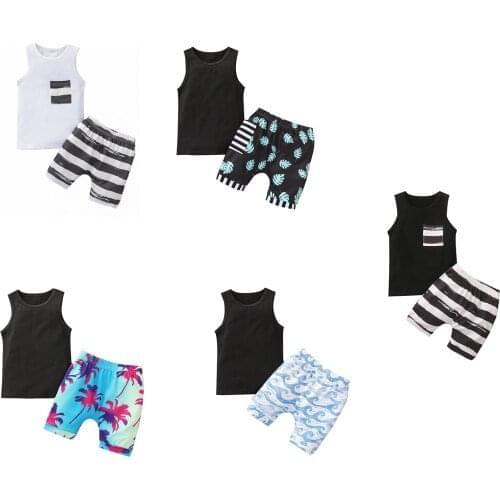 Boy’s Vest and Shorts Suit Fashion Pocket Tops and Stripe Short Pants/Solid Color Tops and Printed Short Pants