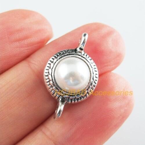 10Pcs Tibetan Silver Tone Retro White Round Flower Acrylic Charms Connectors 13x22.5mm