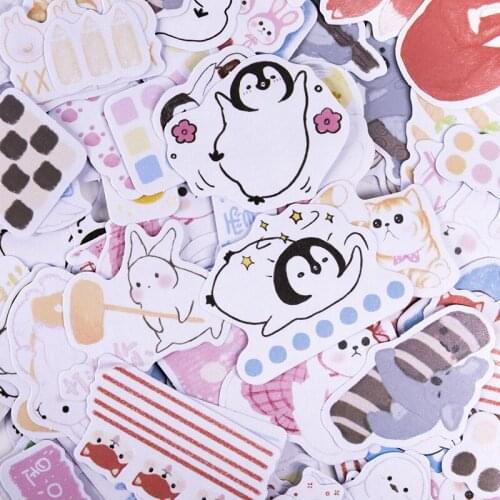45PCS/Pack Kawaii Cat Rabbit Penguin Stickers Hand Account Notebook Decorative Sticker Stick Label