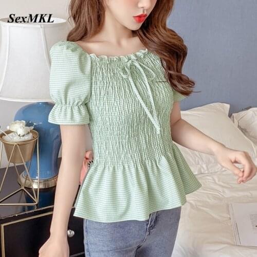 Summer Plaid Chiffon Blouses Women 2021 Fashion French Off Shoulder Puff Sleeve Top Sexy Korean Crop Bustier Corset Top Blouse