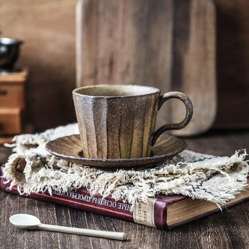 Coarse Pottery Coffee Cup and Saucer Set Handmade Japanese Retro Coffee Cup Art Cup Ceramic Hand-brewed Coffee Coffee Mug