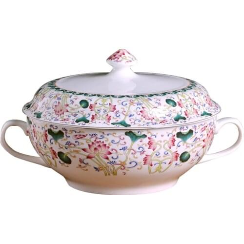 Jingdezhen ceramic powder color soup bowl with lid and ear not hot soup pot Chinese household high quality bone china soup bowl