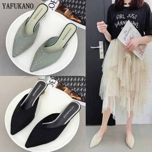 3cm Low Heels Bling Crystal Mules Slippers Summer Pointed Toe Knitted Breathable Slides Outdoor Ladies Party Green Semi Slippers