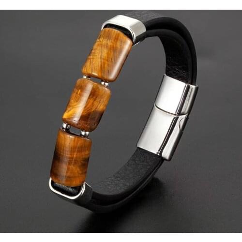 Stainless steel leather rope bracelet natural tigers eye stone fortune plate type mens bracelet