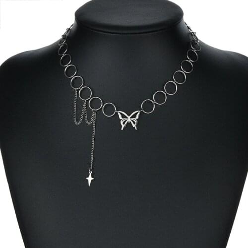 Butterfly Necklace for Women Stainless Steel Unique Design Tassel Star Pendant Bts Harajuku Large Circles Necklace Charm Jewelry