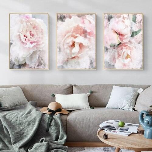 Watercolor Pink Fresh Flowers Poster Minimalist Nordic Flowers Plant Canvas Painting Wall Art Pictures Living Room Decor