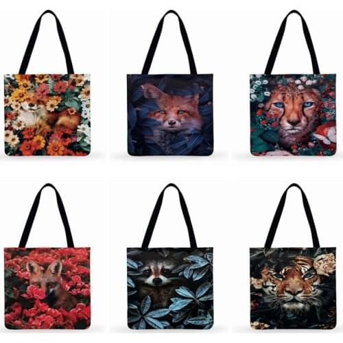 Animals In Flowers Art Print Bag Women Casual Tote Bag Ladies Shoulder Bag Foldable Shopping Bag Outdoor Beach Tote Bag Hand Bag