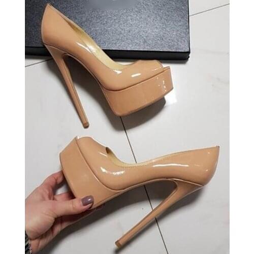 Sexy Peep Toe High Platform Pumps Patent Leather Nude Red Stiletto Heels Dress Shoes Shallow Celebrating Banquet Dress Shoes