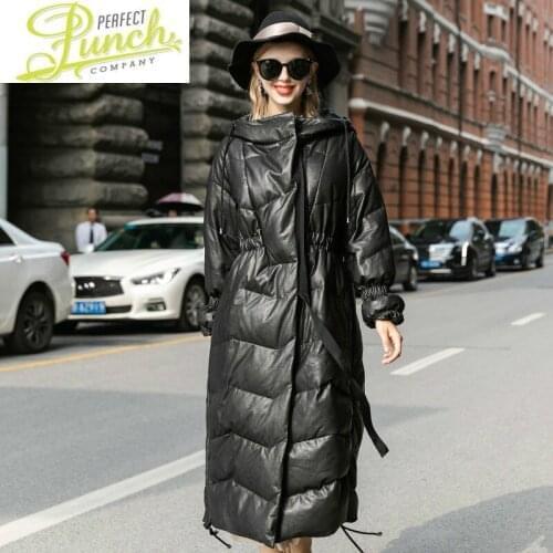 Duck Sheepskin Leather Jacket Down Winter Coat Women Hooded Long Jaccket for Womens Clothing SMY7417R Chaqueta Mujer YY810
